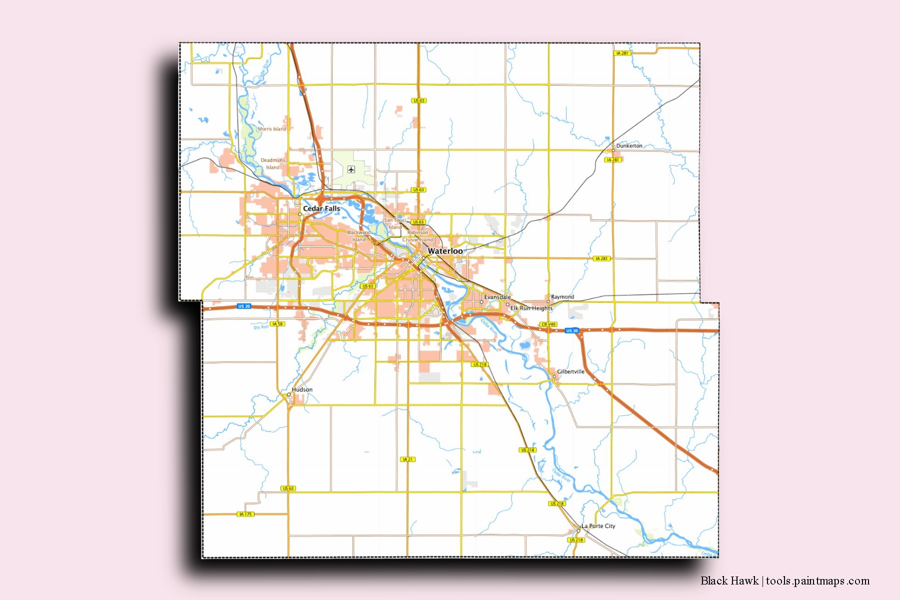 Black Hawk neighborhoods and villages map with 3D shadow effect