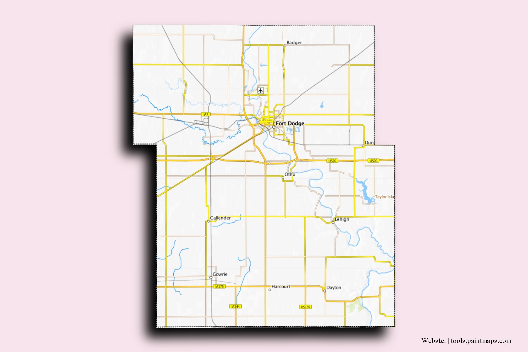 Webster neighborhoods and villages map with 3D shadow effect