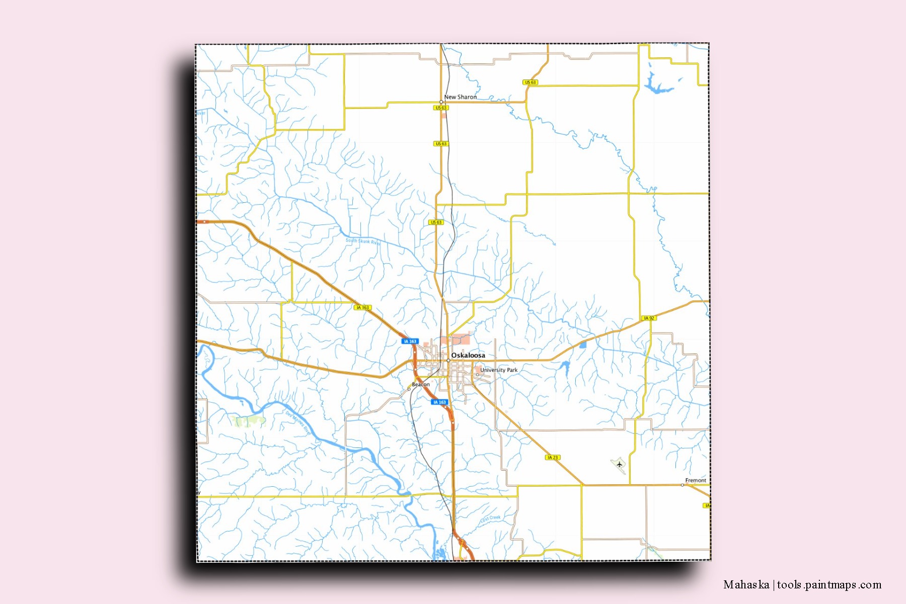 Mahaska neighborhoods and villages map with 3D shadow effect