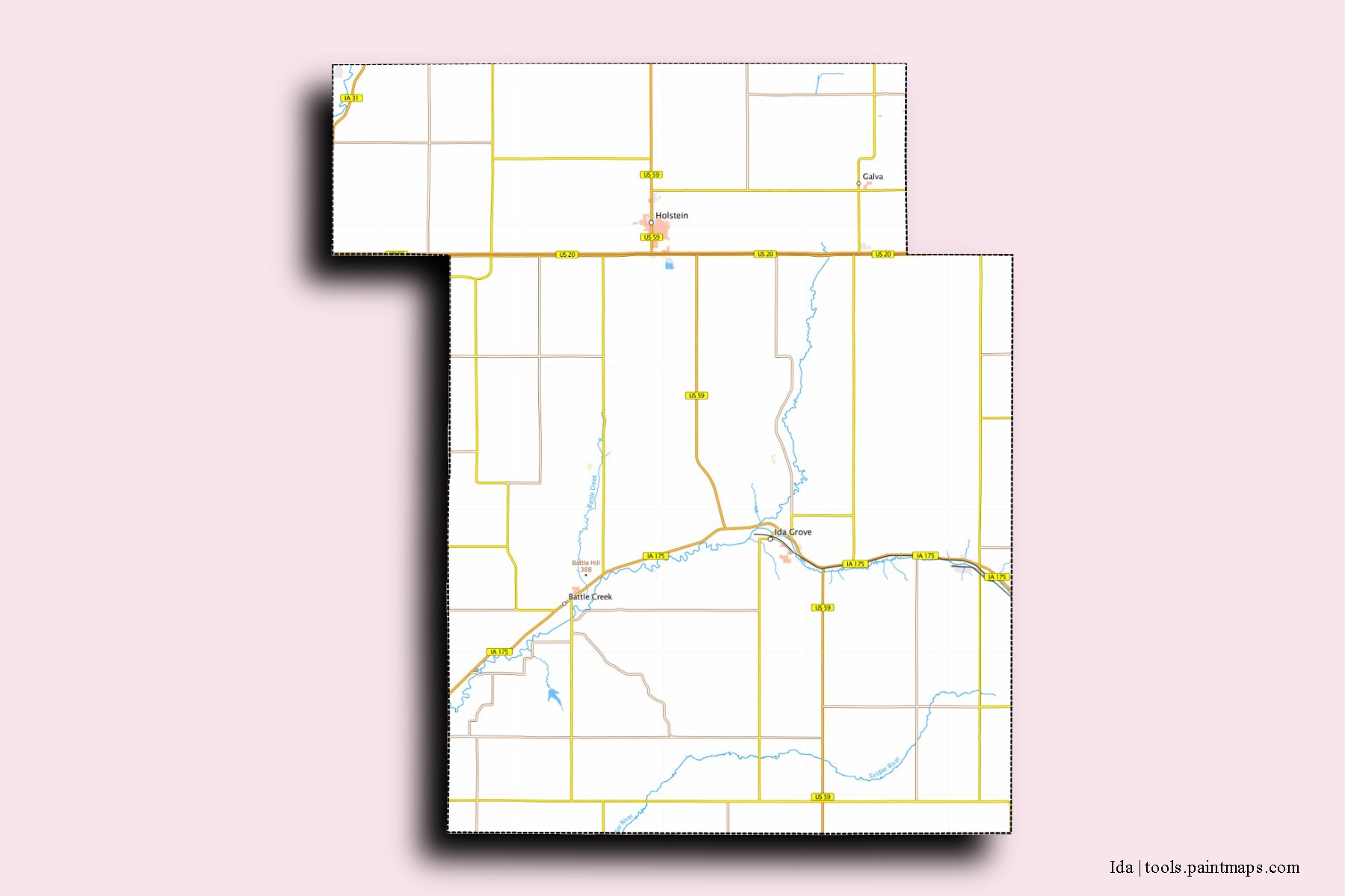 Ida neighborhoods and villages map with 3D shadow effect