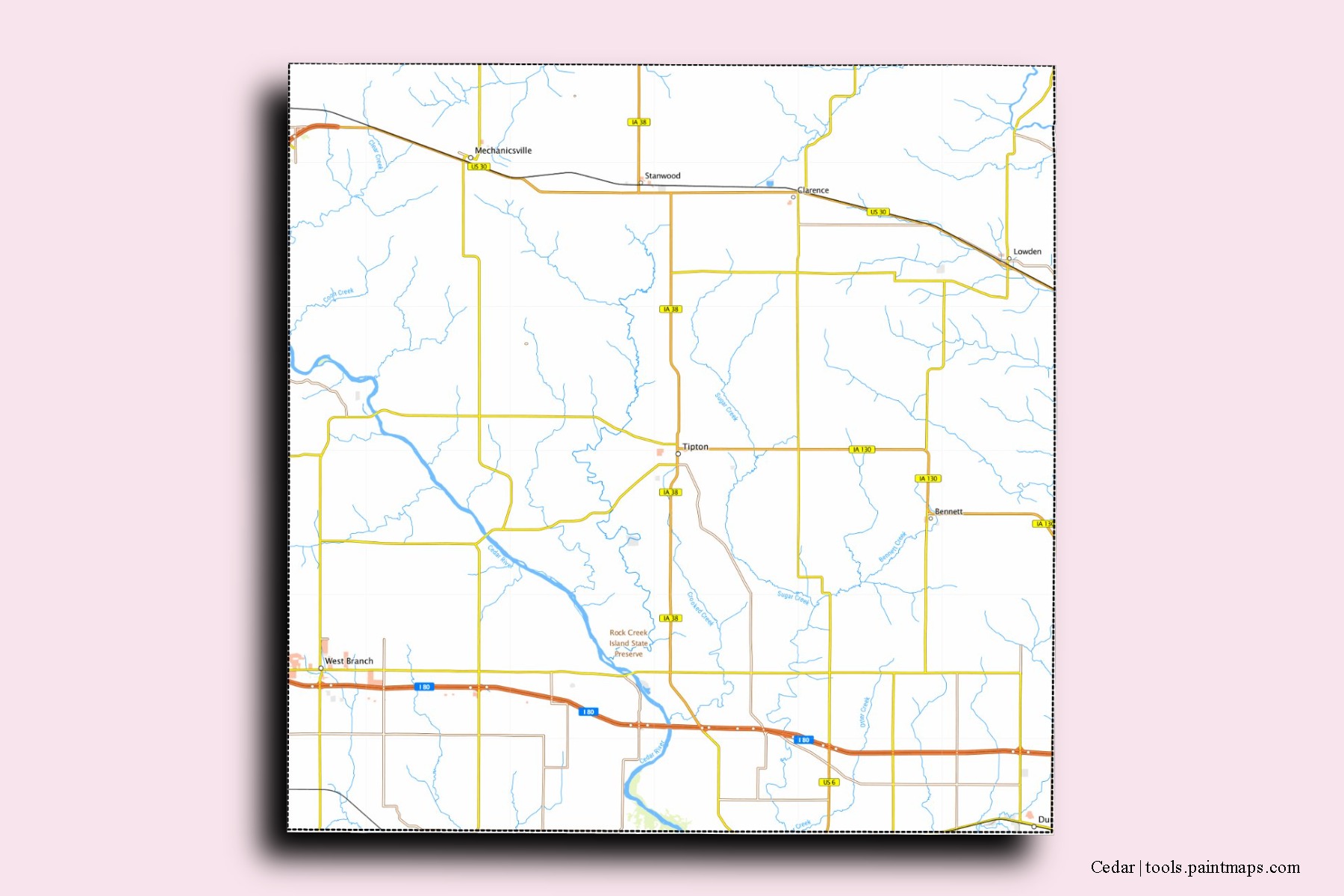 Cedar neighborhoods and villages map with 3D shadow effect