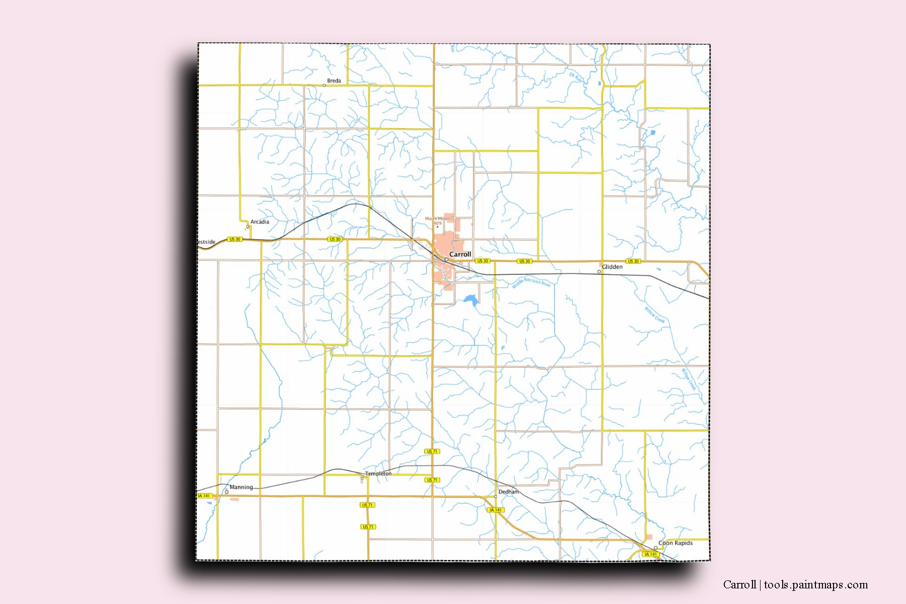 Carroll neighborhoods and villages map with 3D shadow effect