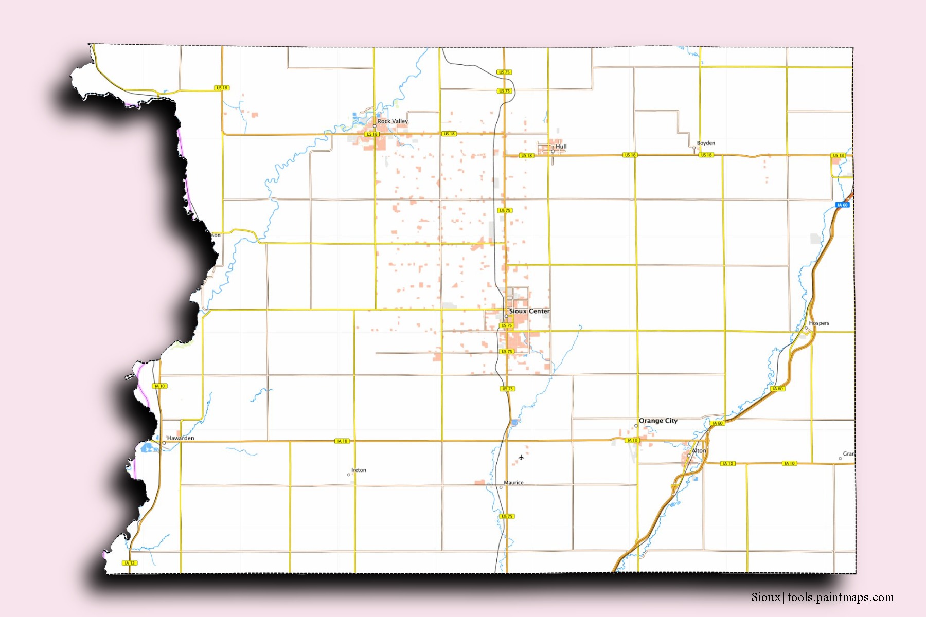 Mapa de barrios y pueblos de Sioux con efecto de sombra 3D