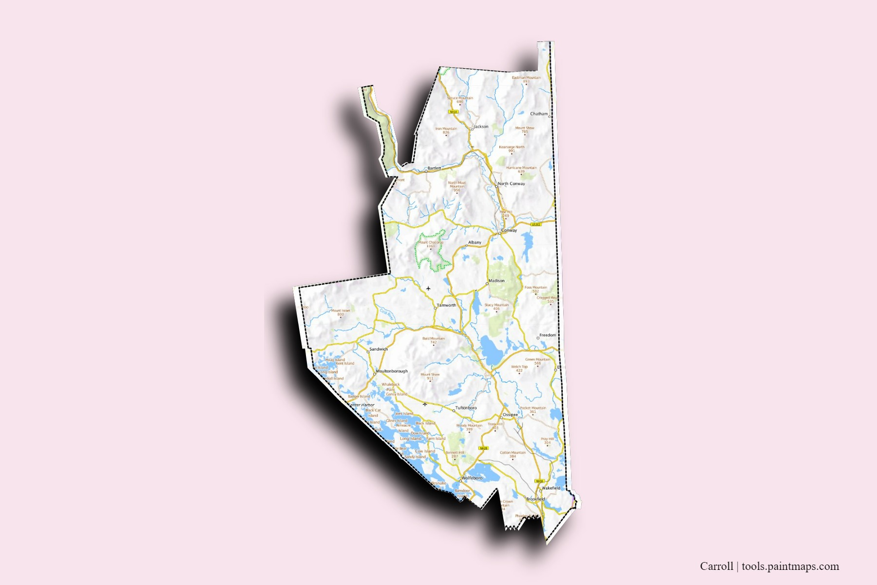 Mapa de barrios y pueblos de Carroll con efecto de sombra 3D