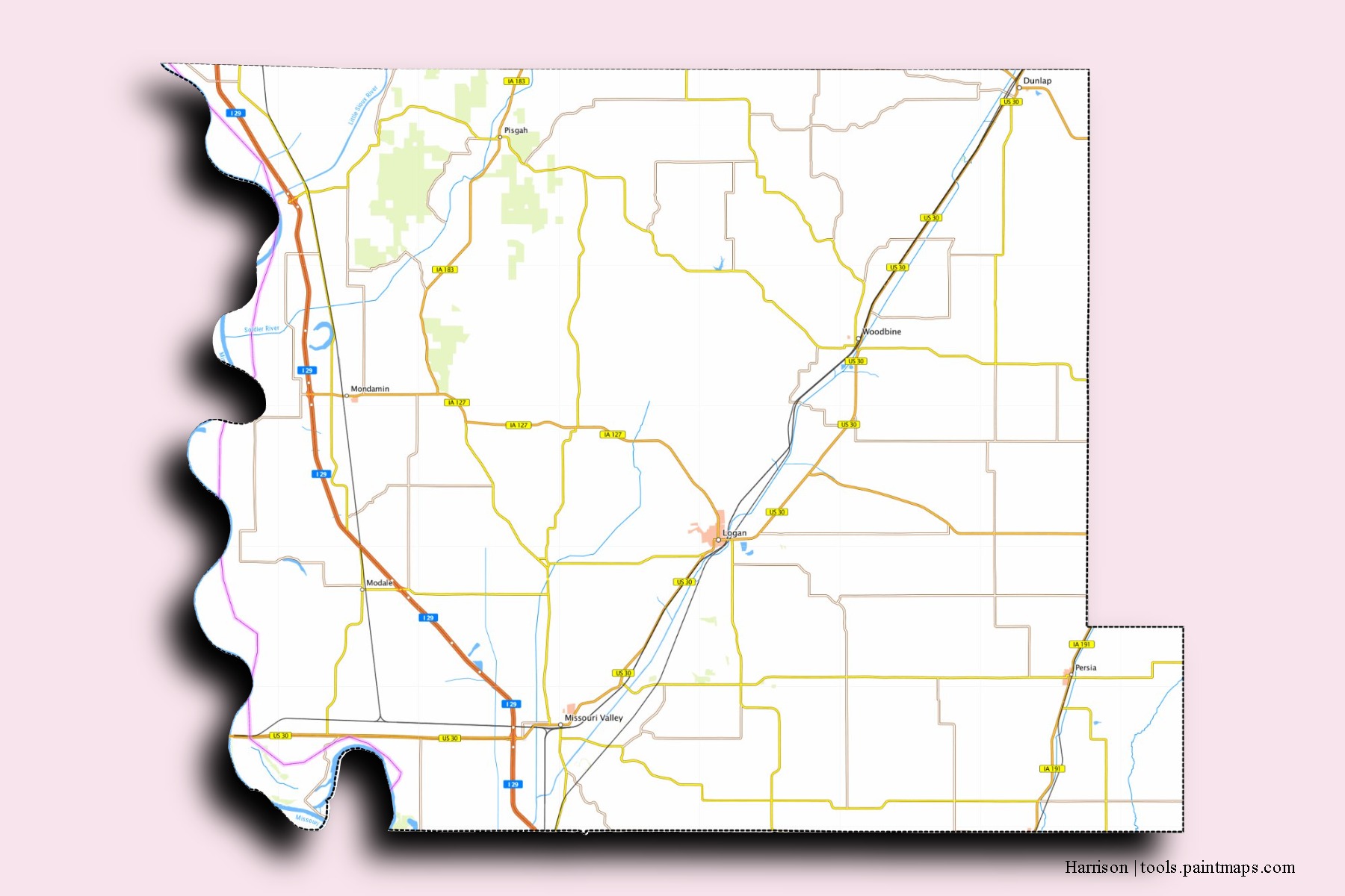 Harrison neighborhoods and villages map with 3D shadow effect