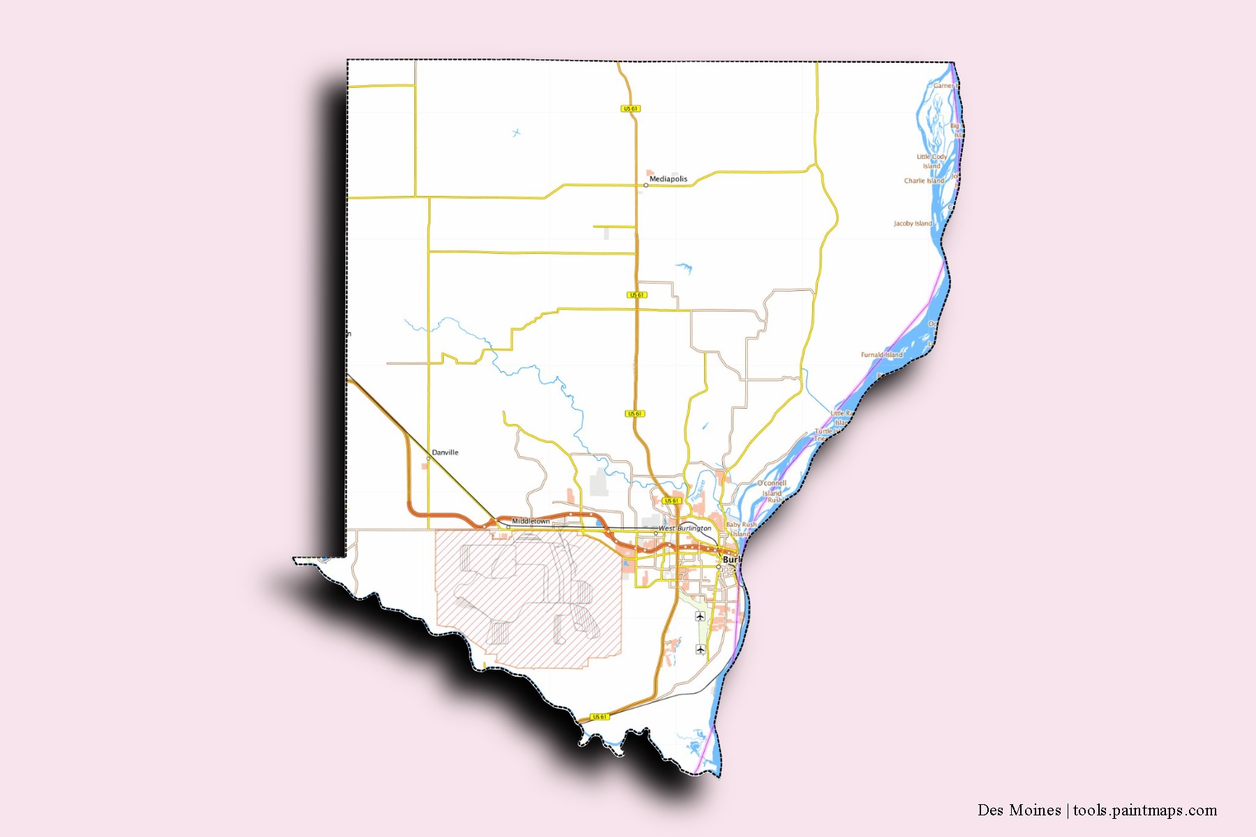 Des Moines neighborhoods and villages map with 3D shadow effect