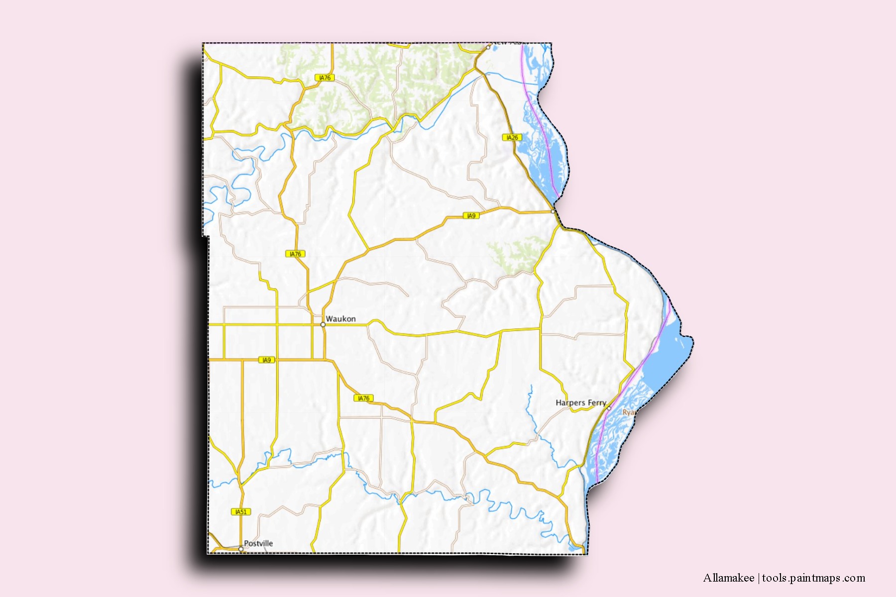 Allamakee neighborhoods and villages map with 3D shadow effect