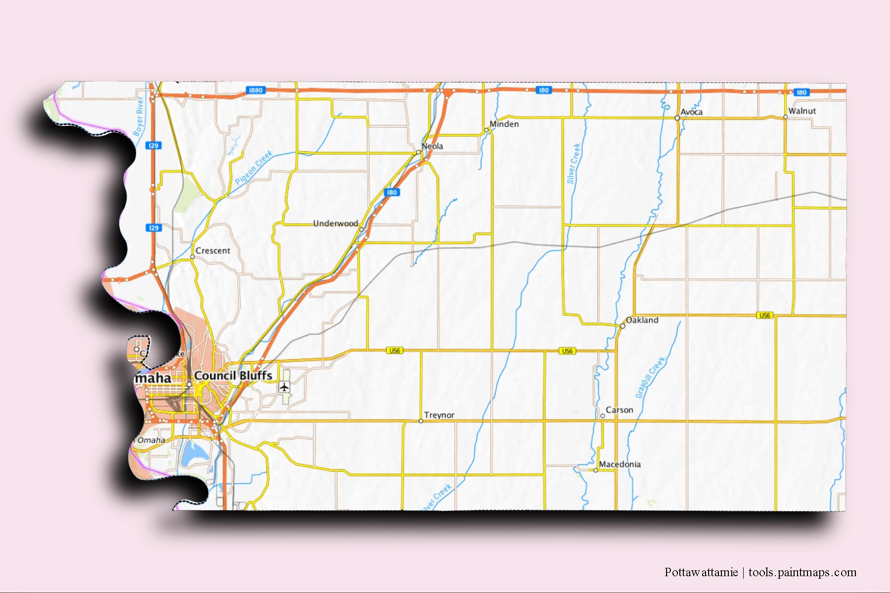 Mapa de barrios y pueblos de Pottawattamie con efecto de sombra 3D