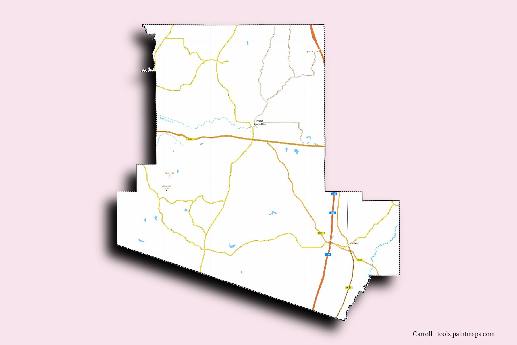 Mapa de barrios y pueblos de Carroll con efecto de sombra 3D