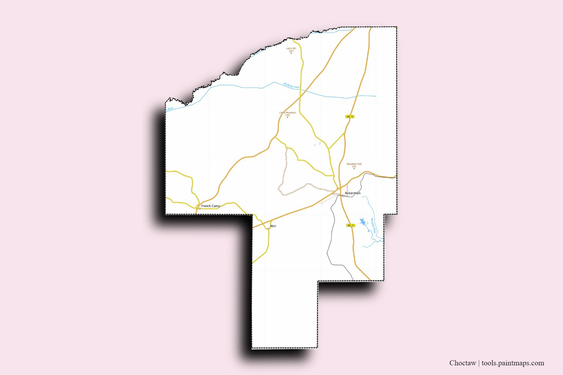 Choctaw neighborhoods and villages map with 3D shadow effect