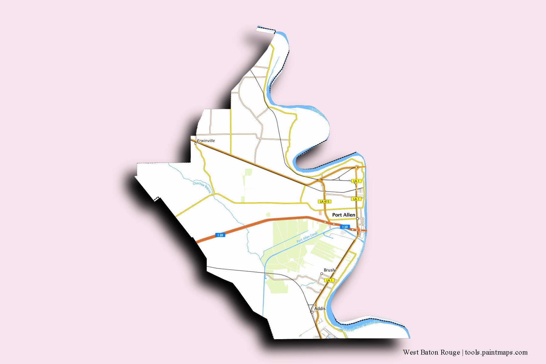 Mapa de barrios y pueblos de West Baton Rouge con efecto de sombra 3D