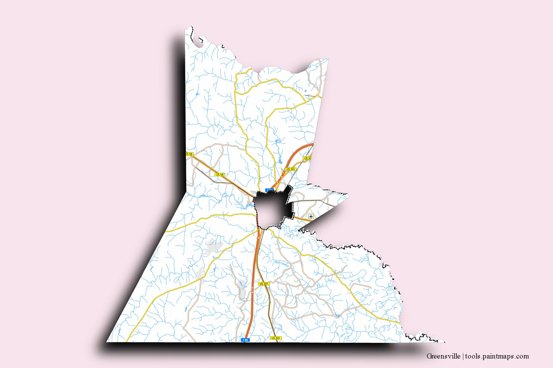 Greensville neighborhoods and villages map with 3D shadow effect