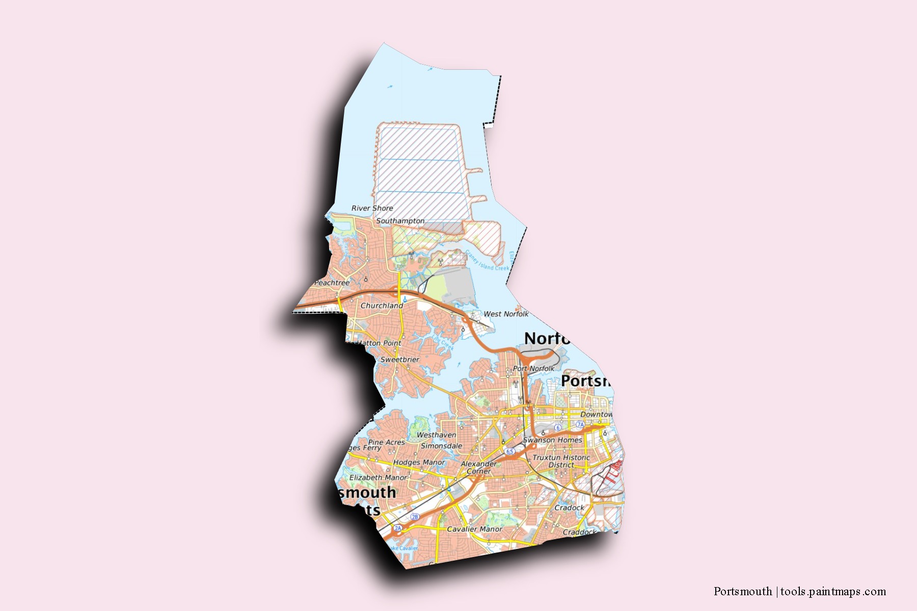 Portsmouth neighborhoods and villages map with 3D shadow effect