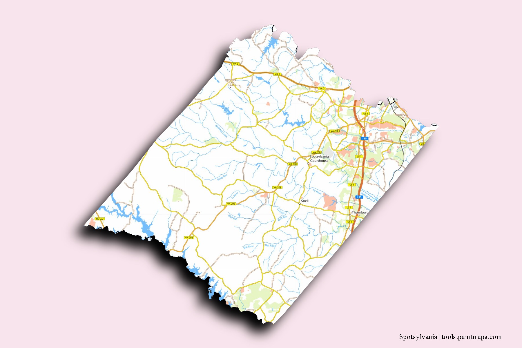 Mapa de barrios y pueblos de Spotsylvania con efecto de sombra 3D