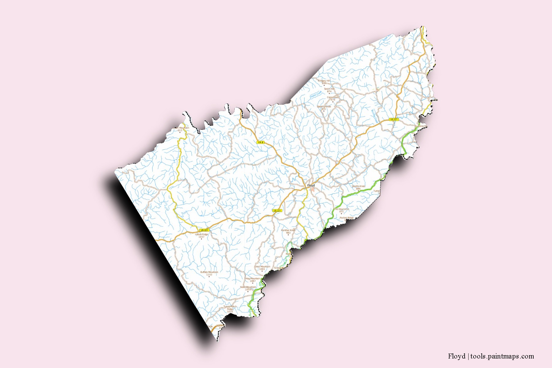 Mapa de barrios y pueblos de Floyd con efecto de sombra 3D