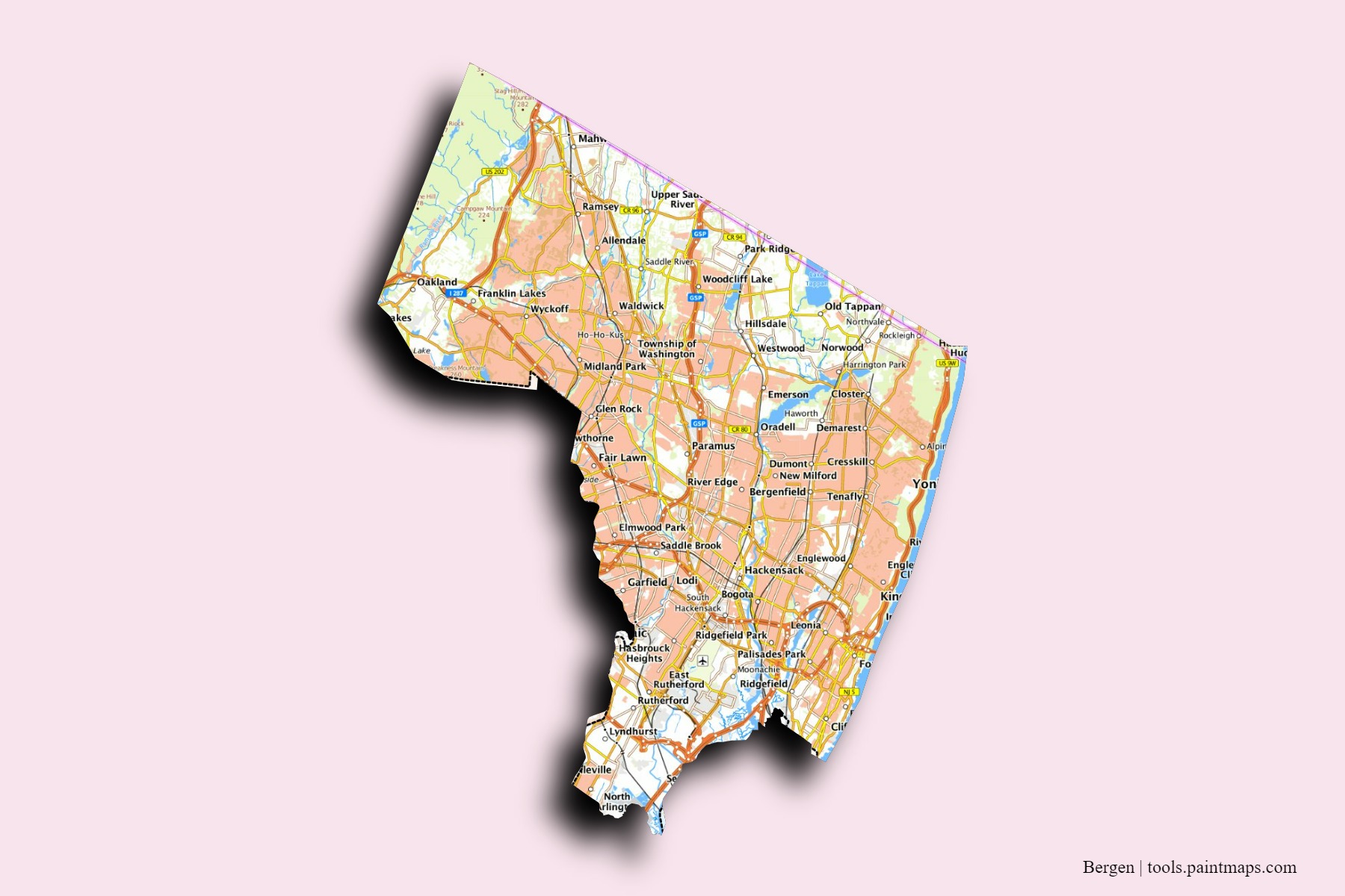 Mapa de barrios y pueblos de Bergen con efecto de sombra 3D