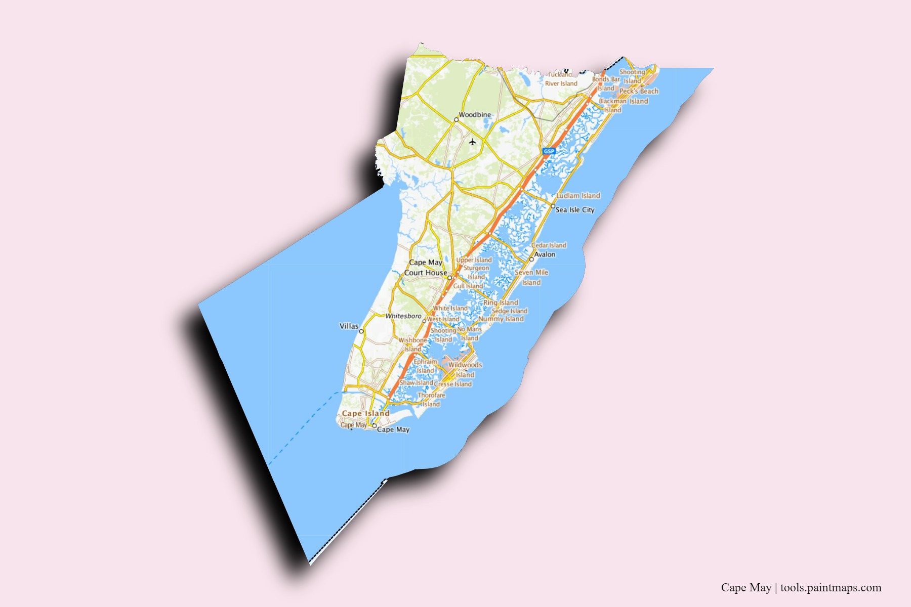 Cape May neighborhoods and villages map with 3D shadow effect