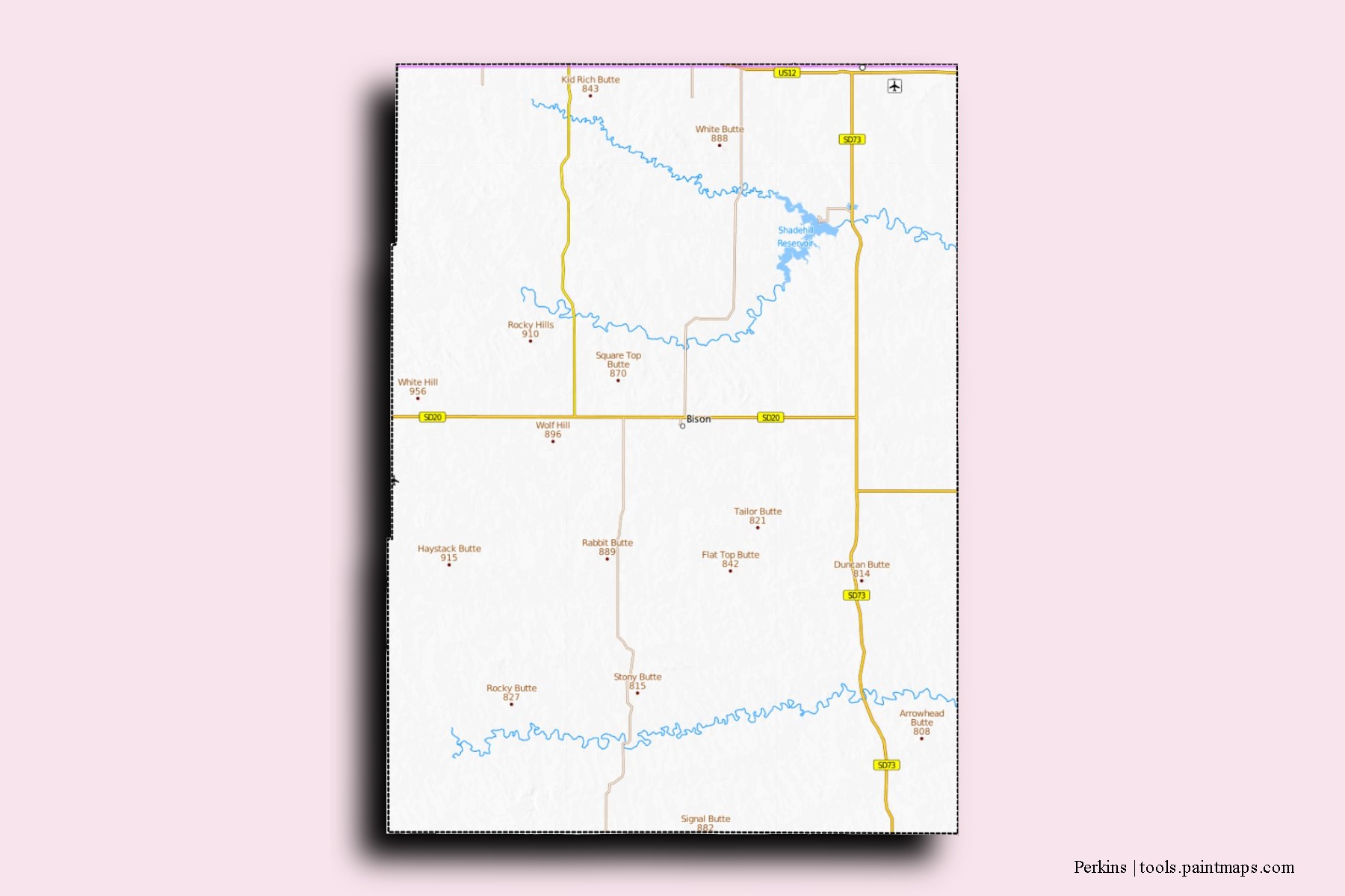 Mapa de barrios y pueblos de Perkins con efecto de sombra 3D