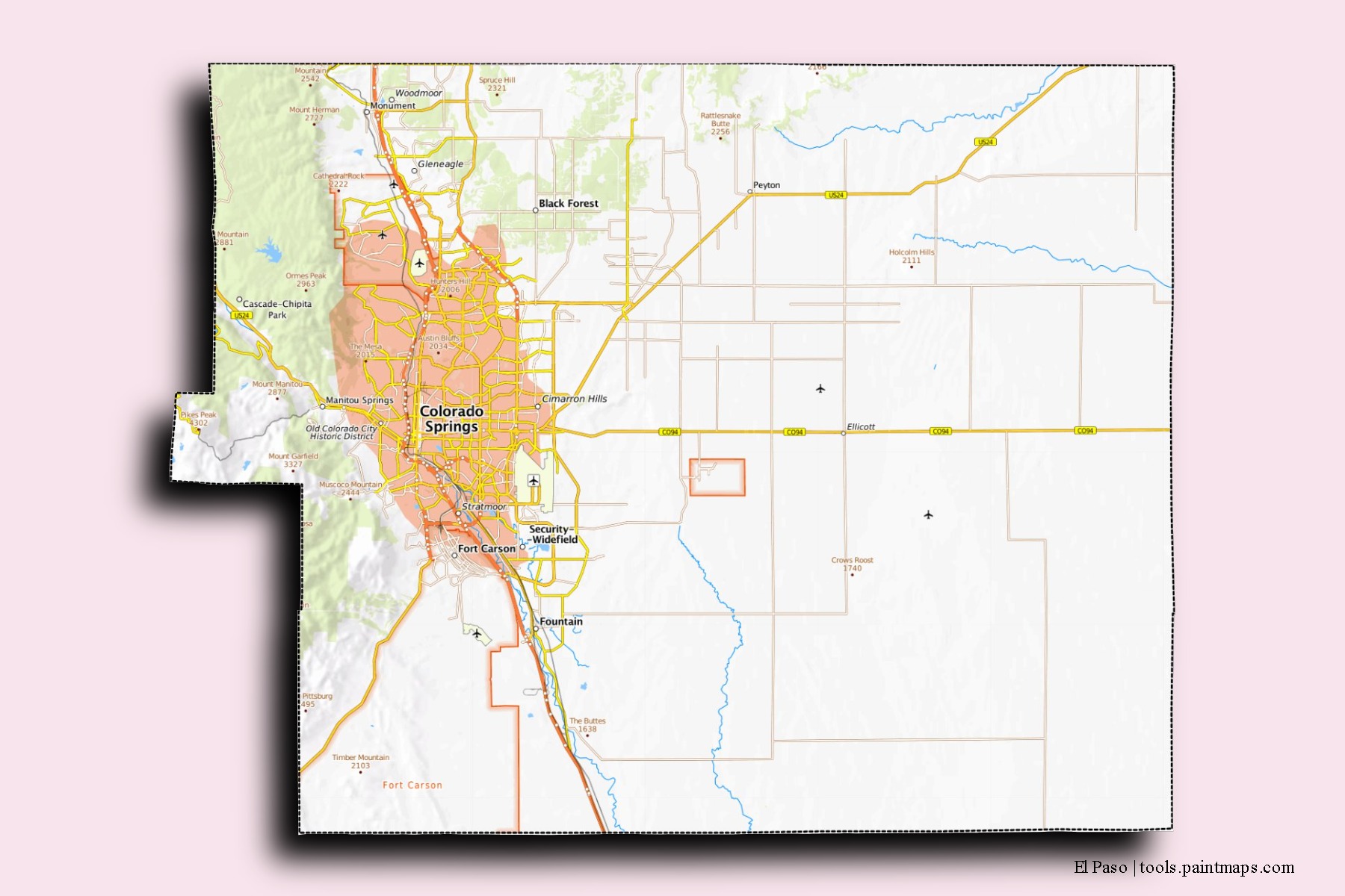 El Paso neighborhoods and villages map with 3D shadow effect