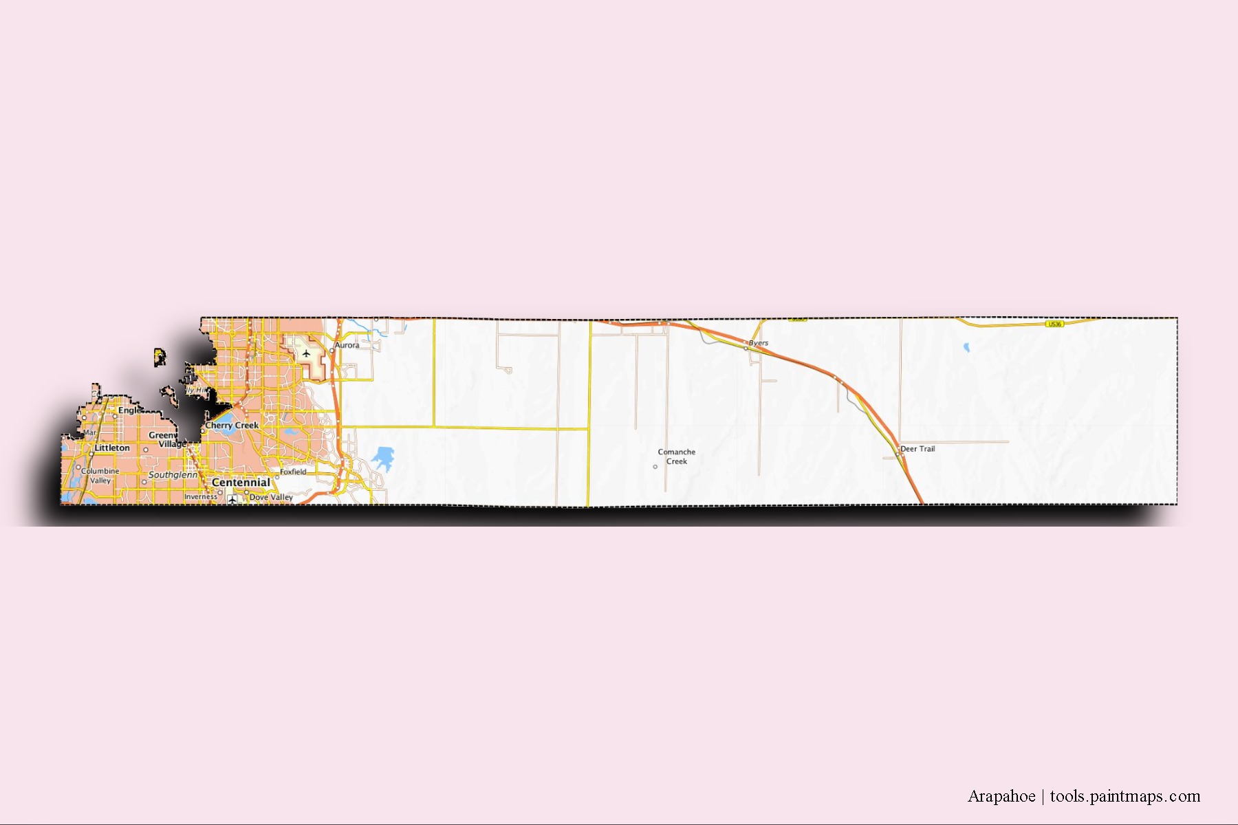 3D gölge efektli Arapahoe County mahalleleri ve köyleri haritası