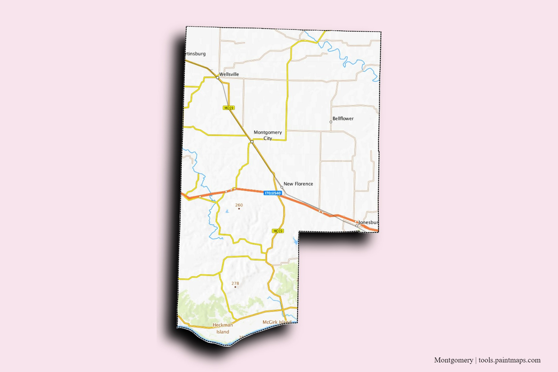 Mapa de barrios y pueblos de Montgomery con efecto de sombra 3D