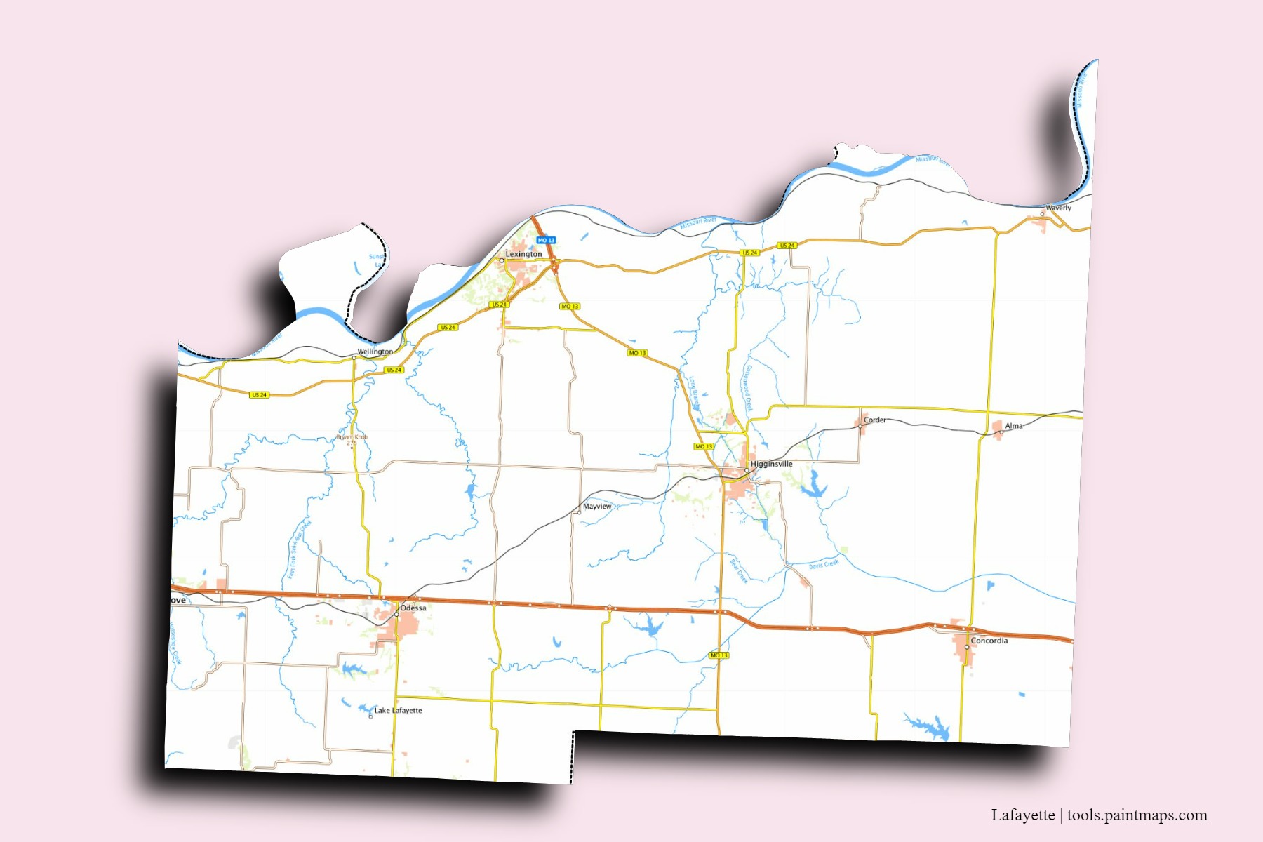 Lafayette neighborhoods and villages map with 3D shadow effect