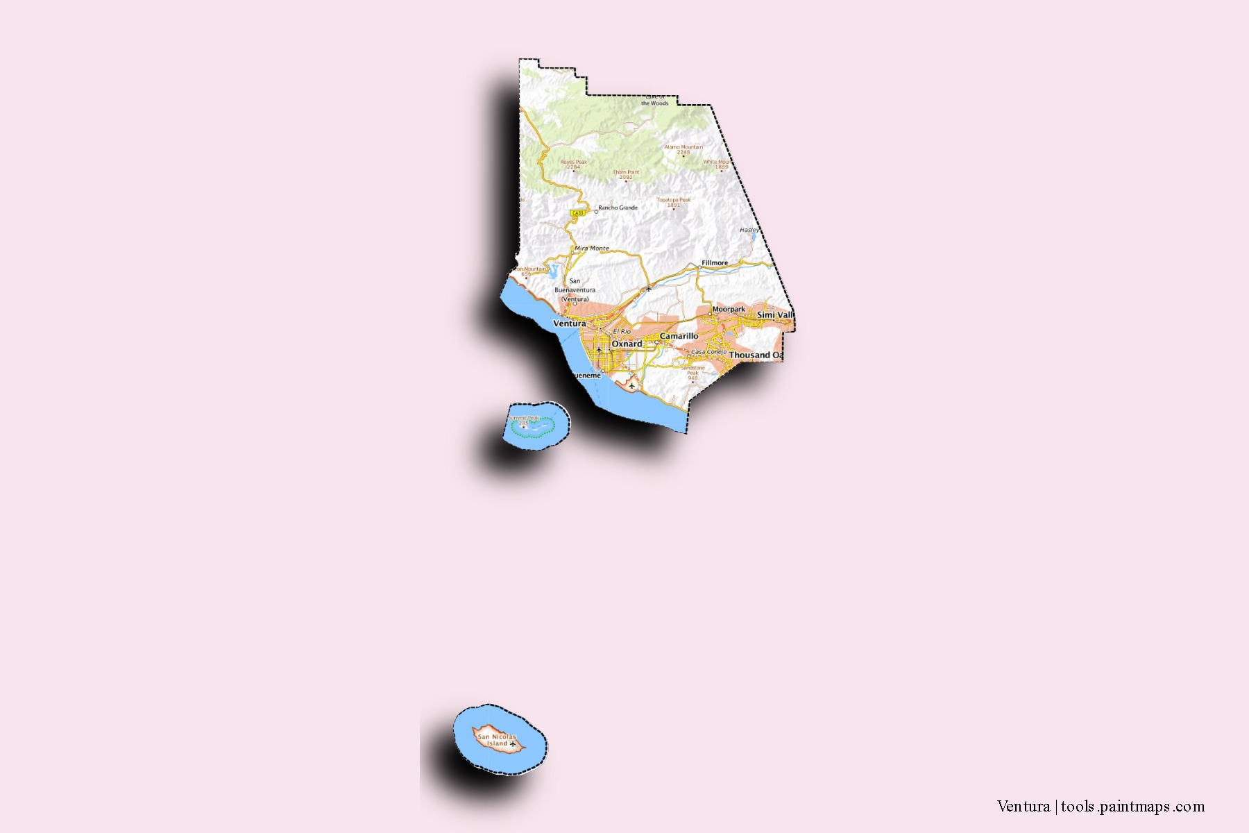 Mapa de barrios y pueblos de Ventura con efecto de sombra 3D