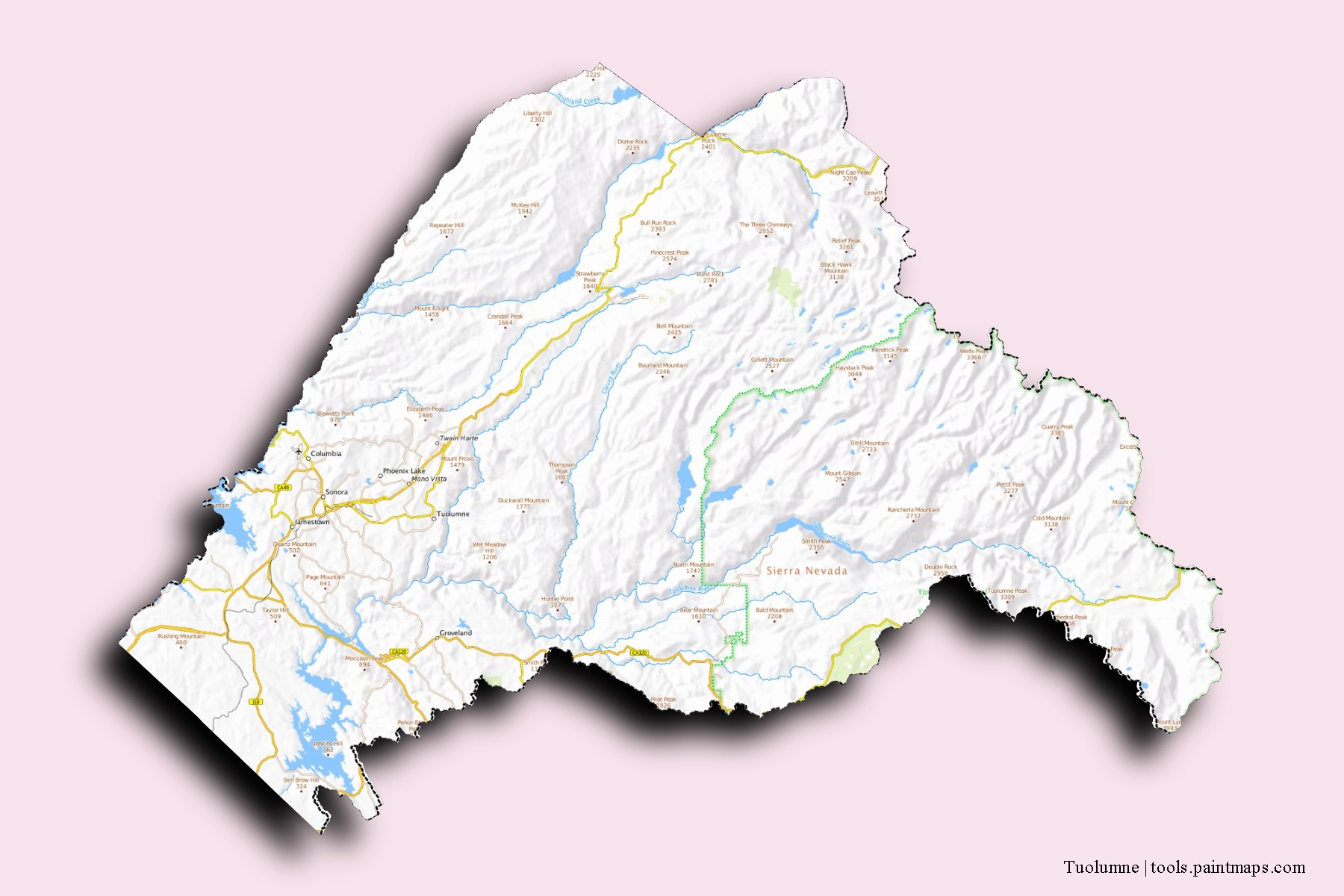 Mapa de barrios y pueblos de Tuolumne con efecto de sombra 3D