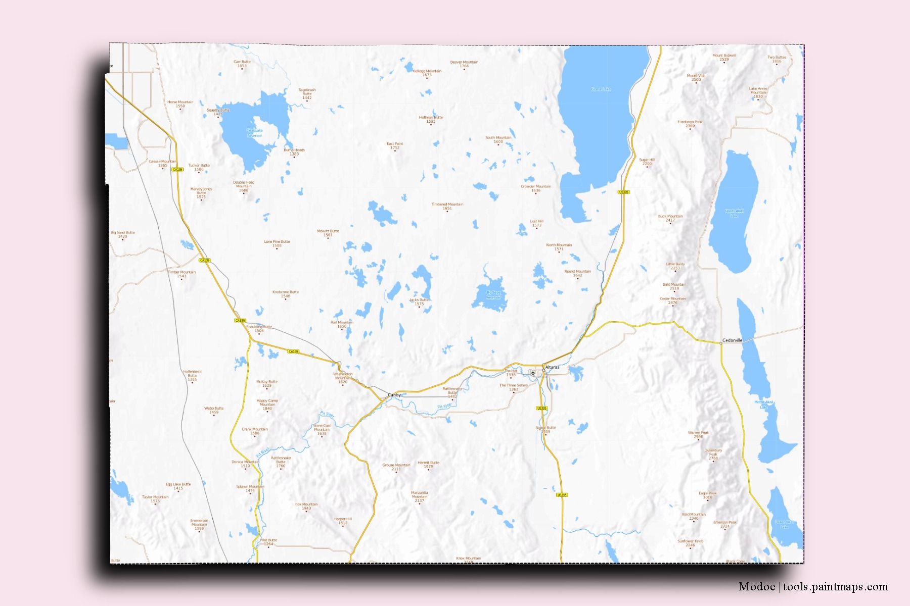 Modoc neighborhoods and villages map with 3D shadow effect