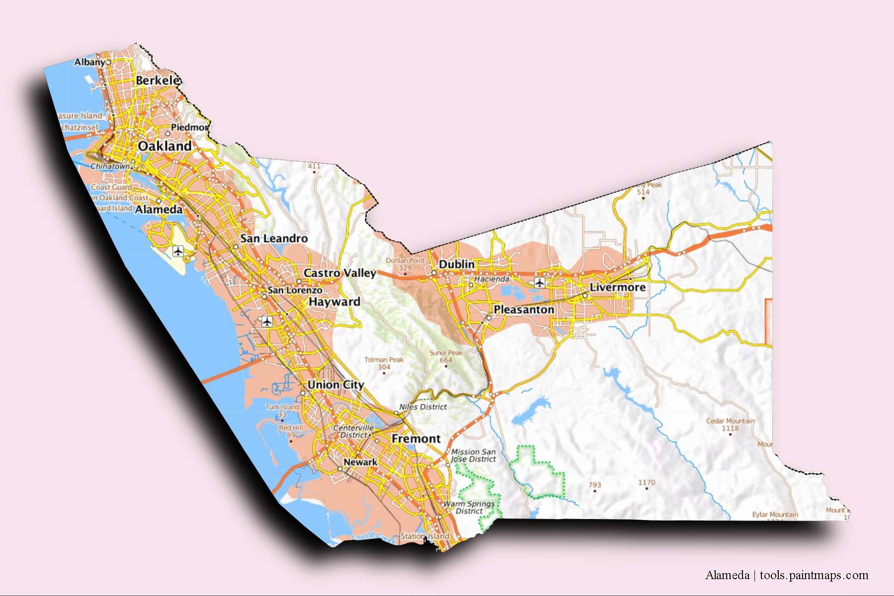 Mapa de barrios y pueblos de Alameda con efecto de sombra 3D