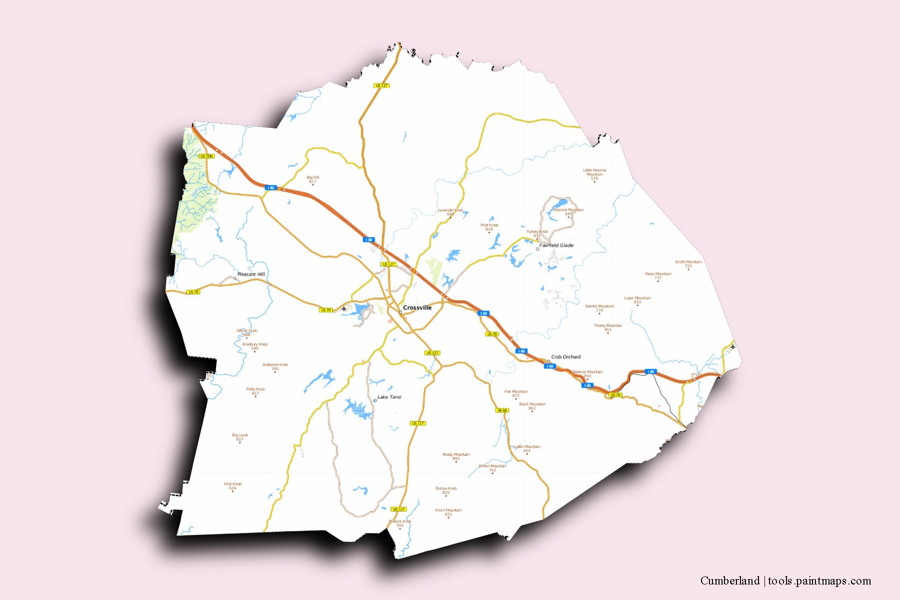 Mapa de barrios y pueblos de Cumberland con efecto de sombra 3D