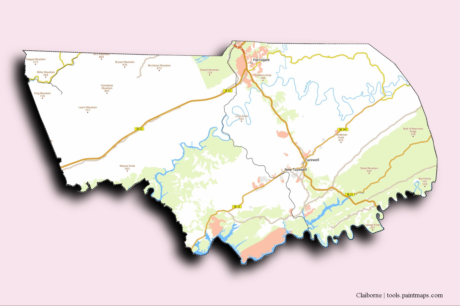 Claiborne neighborhoods and villages map with 3D shadow effect