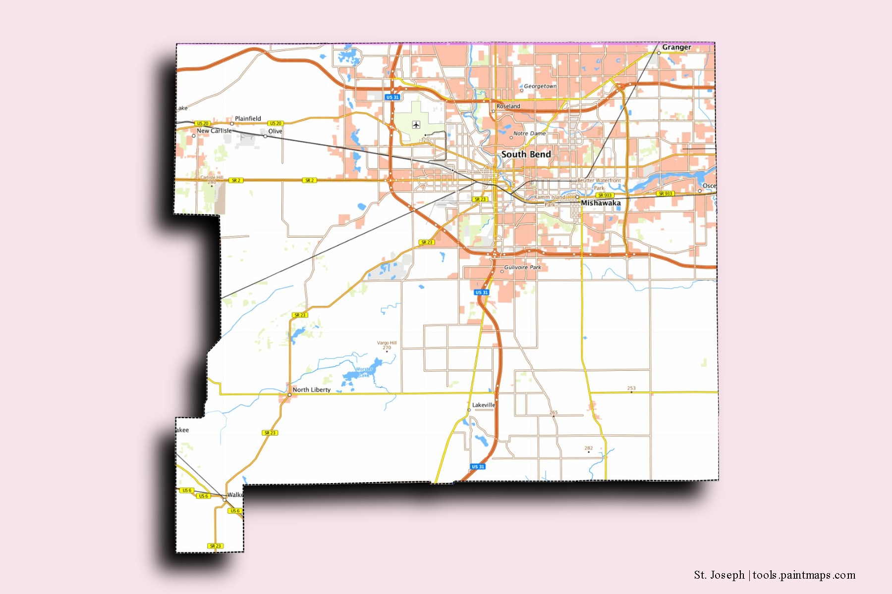 3D gölge efektli St. Joseph County mahalleleri ve köyleri haritası