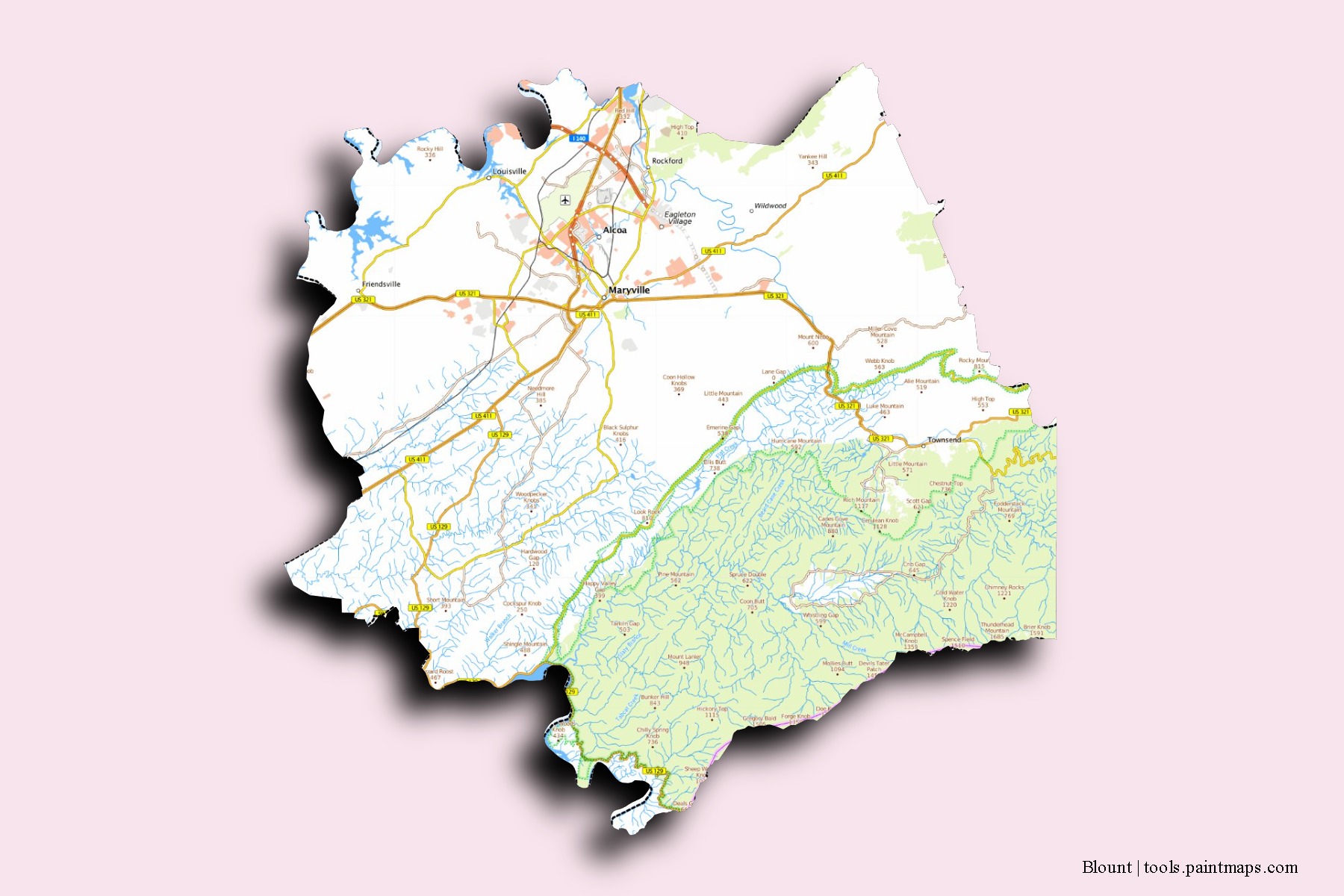 Mapa de barrios y pueblos de Blount con efecto de sombra 3D