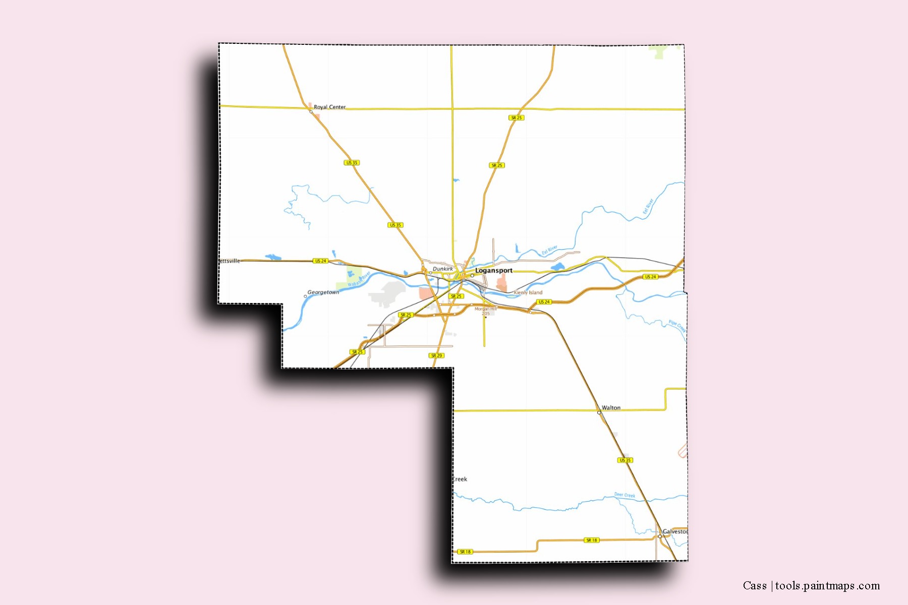 Cass neighborhoods and villages map with 3D shadow effect