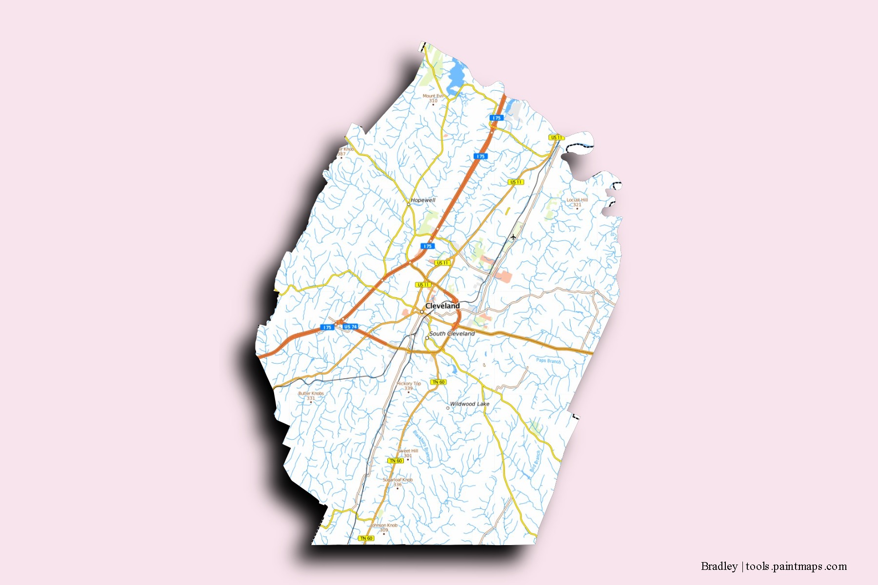 Bradley neighborhoods and villages map with 3D shadow effect