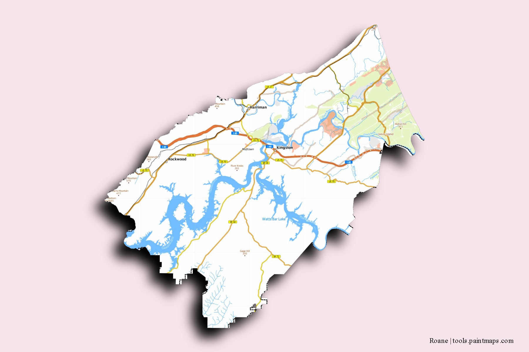 Mapa de barrios y pueblos de Roane con efecto de sombra 3D