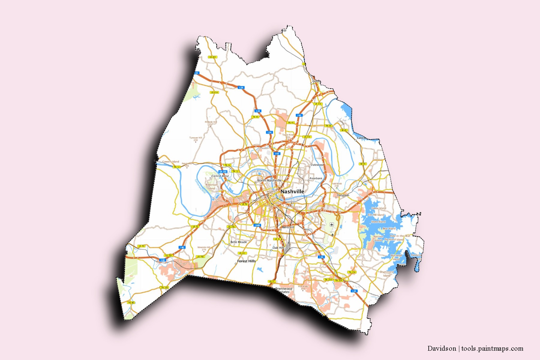 Mapa de barrios y pueblos de Davidson con efecto de sombra 3D