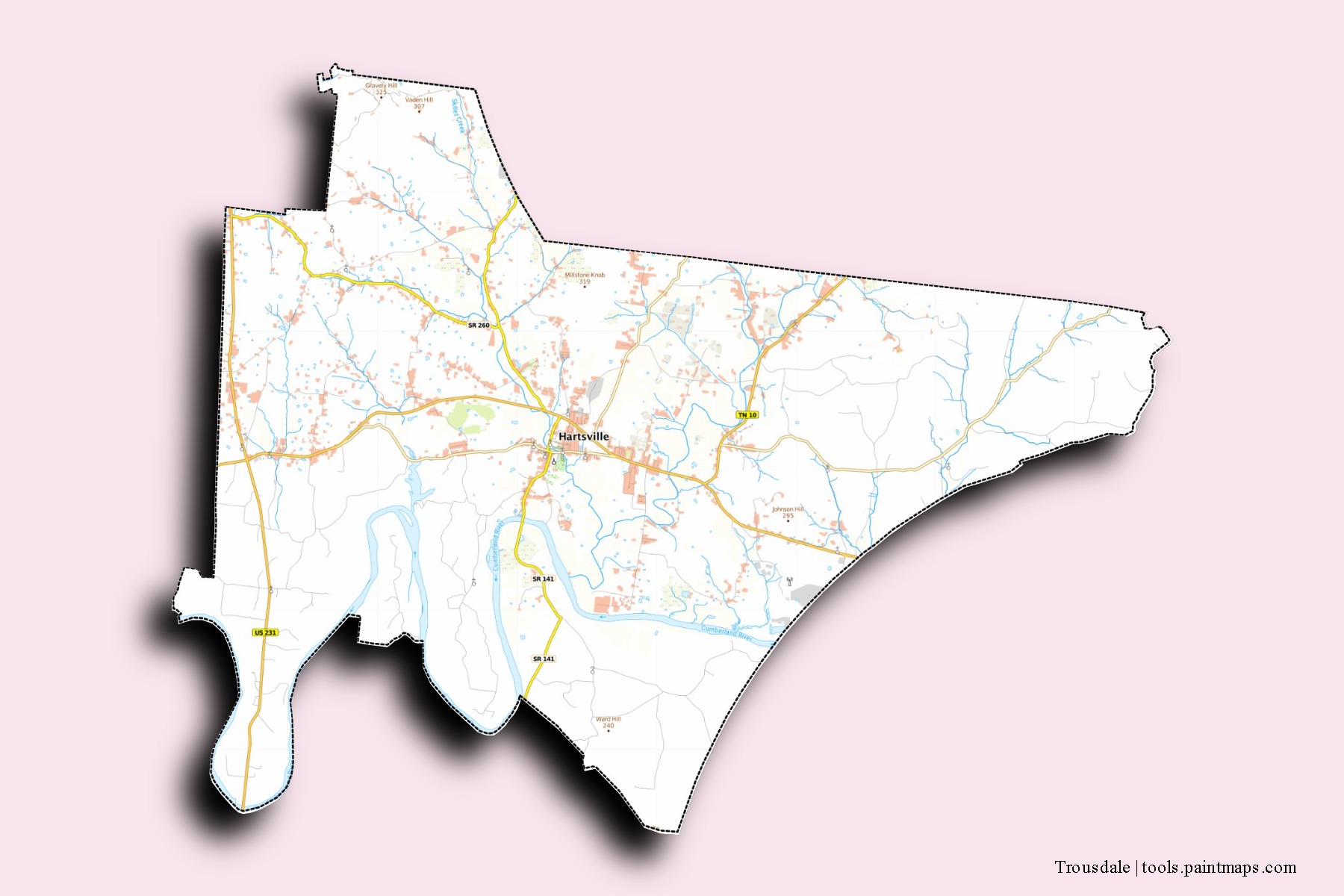 Trousdale neighborhoods and villages map with 3D shadow effect