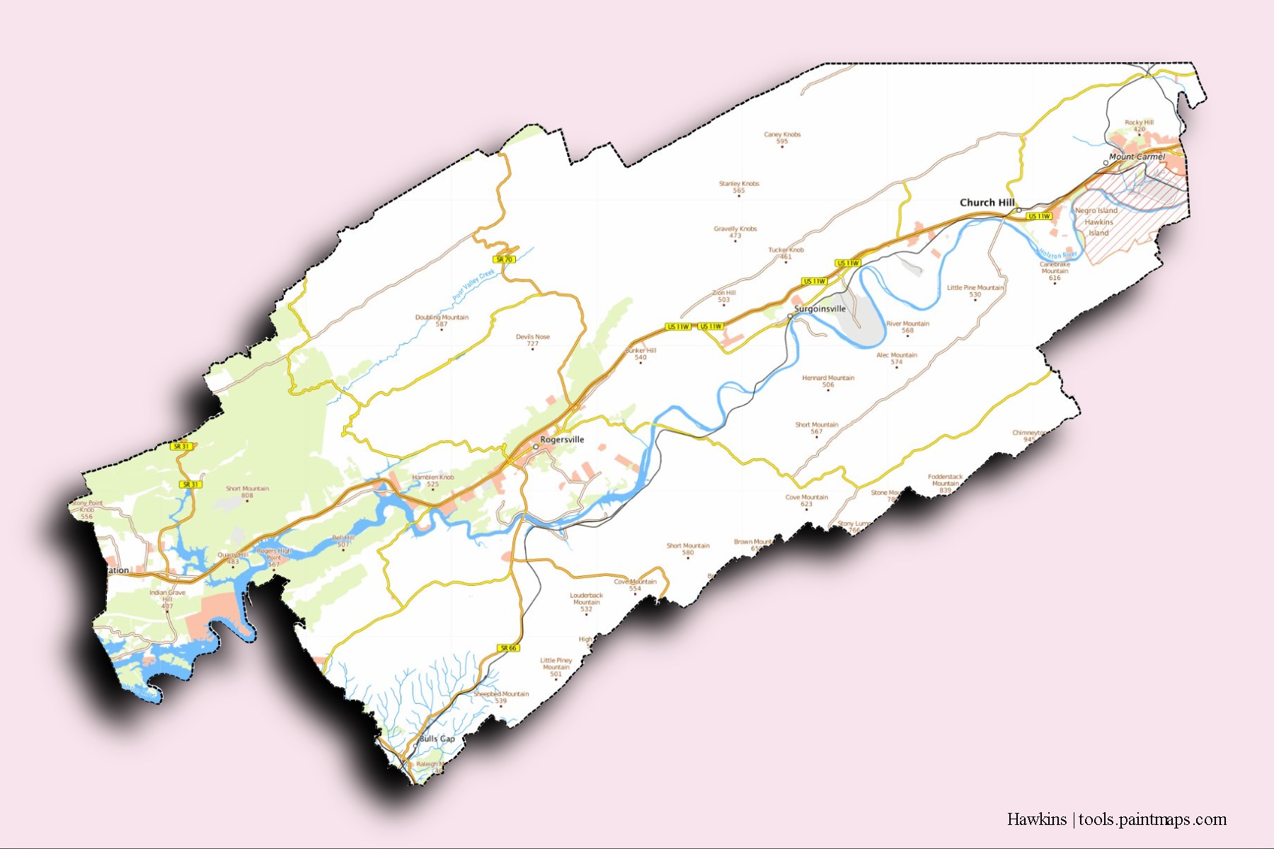 Hawkins neighborhoods and villages map with 3D shadow effect