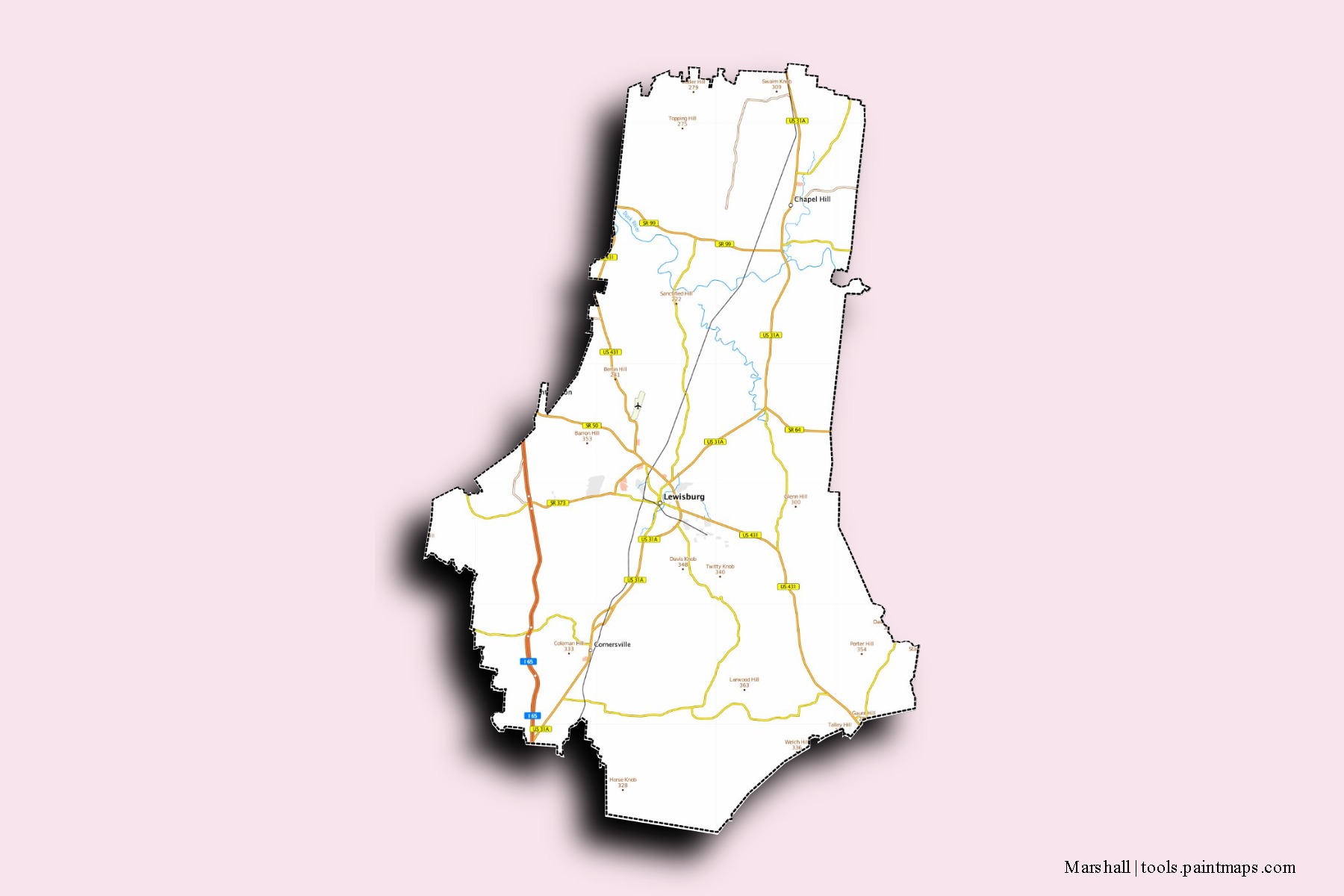 Marshall neighborhoods and villages map with 3D shadow effect