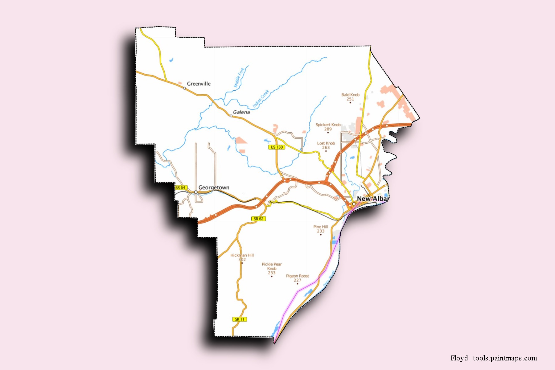 Floyd neighborhoods and villages map with 3D shadow effect