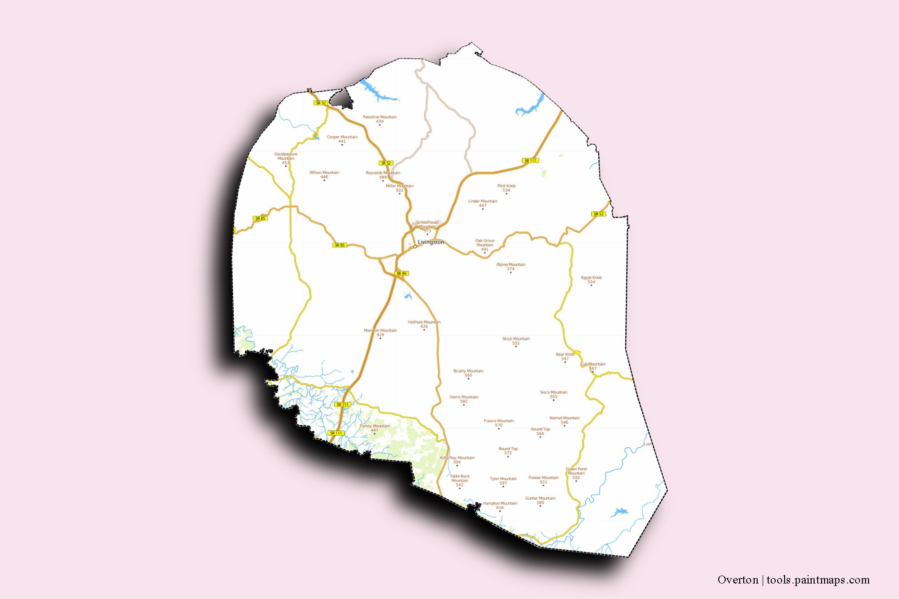 Mapa de barrios y pueblos de Overton con efecto de sombra 3D