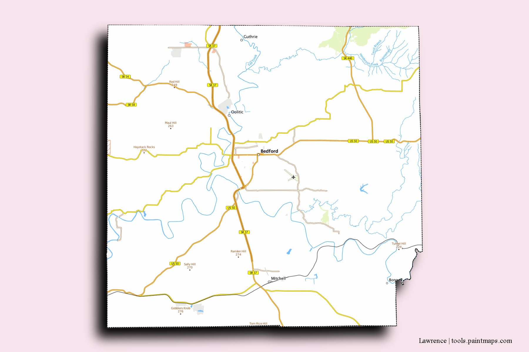 Lawrence neighborhoods and villages map with 3D shadow effect