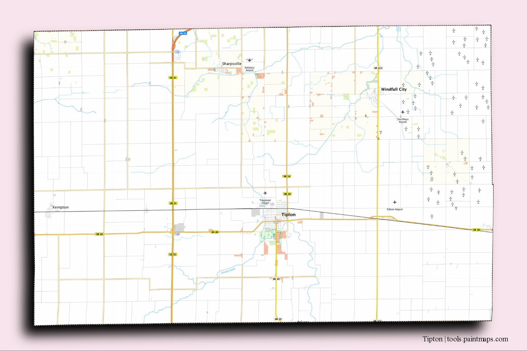 Tipton neighborhoods and villages map with 3D shadow effect