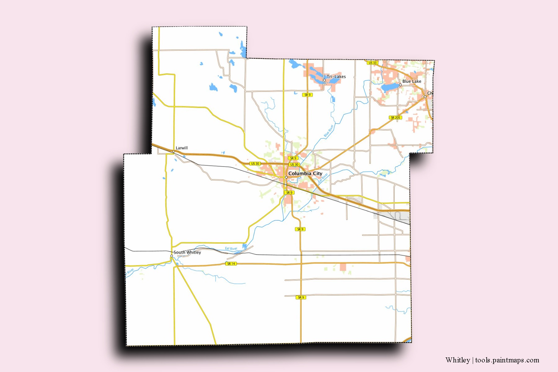 Whitley neighborhoods and villages map with 3D shadow effect