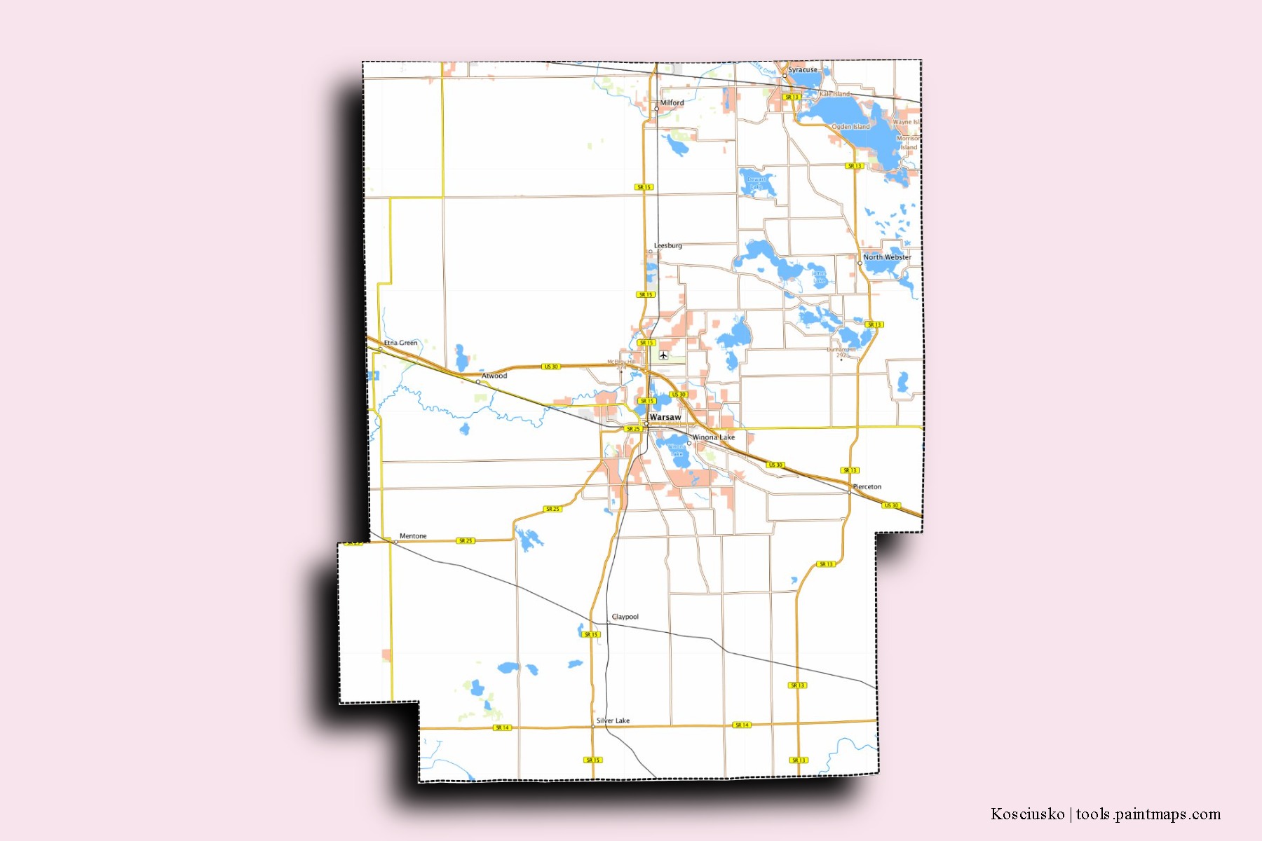 Kosciusko neighborhoods and villages map with 3D shadow effect