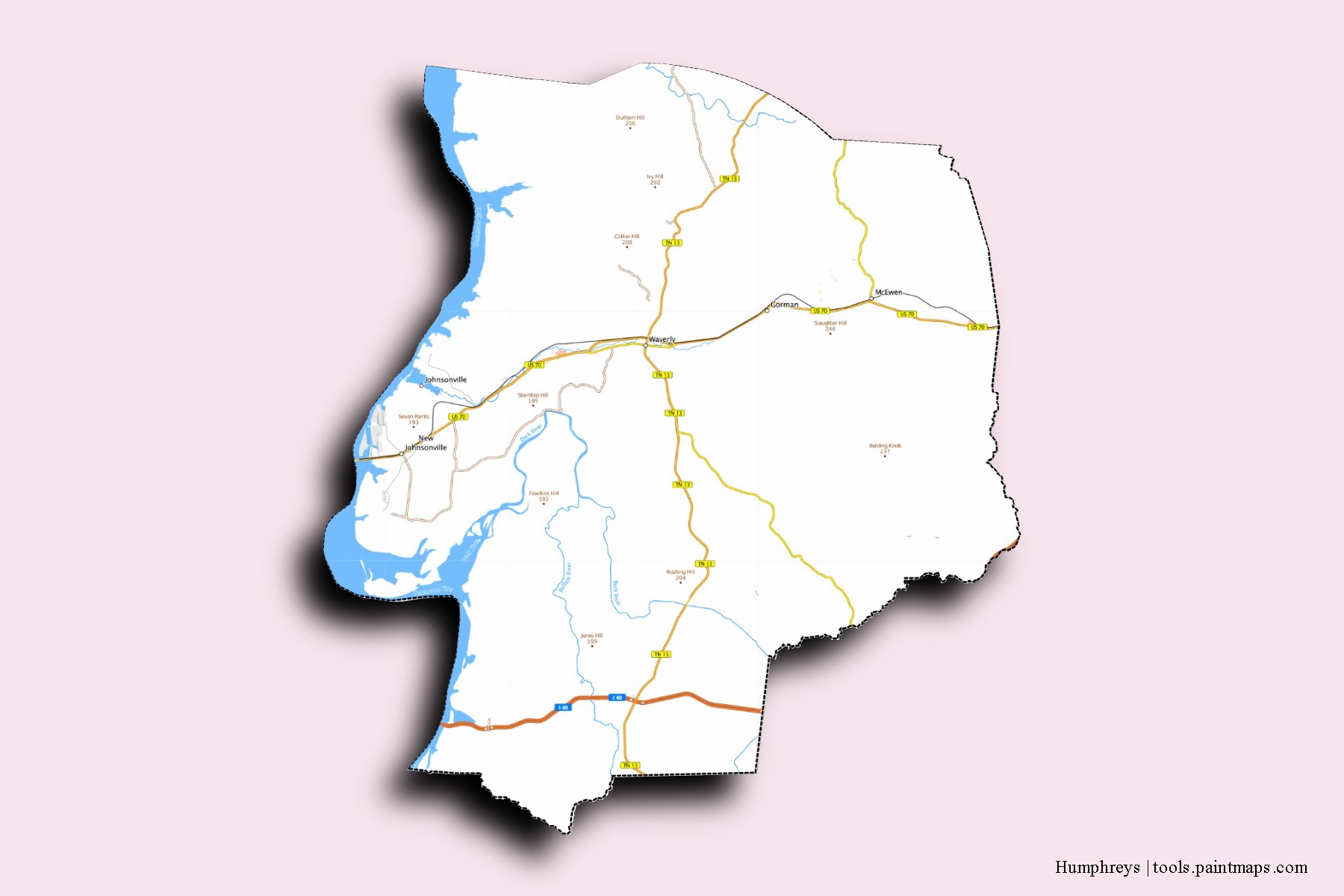 Mapa de barrios y pueblos de Humphreys con efecto de sombra 3D