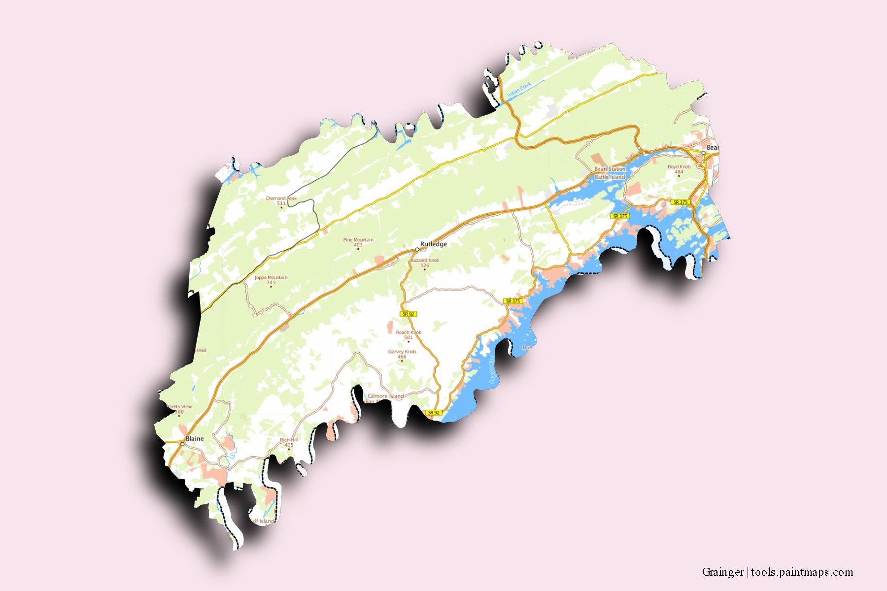 Grainger neighborhoods and villages map with 3D shadow effect