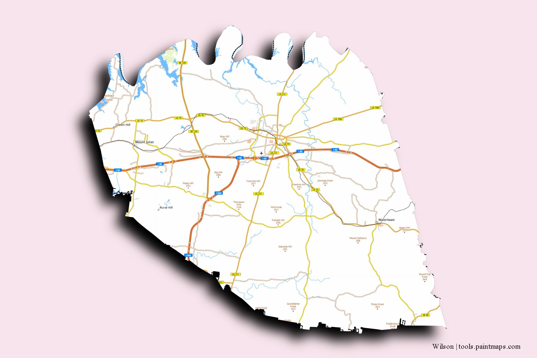 Wilson neighborhoods and villages map with 3D shadow effect